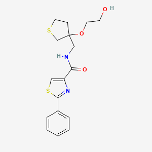 molecular formula C17H20N2O3S2 B2938108 N-((3-(2-hydroxyethoxy)tetrahydrothiophen-3-yl)methyl)-2-phenylthiazole-4-carboxamide CAS No. 2320208-17-9