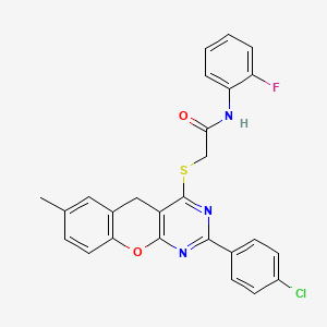 molecular formula C26H19ClFN3O2S B2938120 2-((2-(4-chlorophenyl)-7-methyl-5H-chromeno[2,3-d]pyrimidin-4-yl)thio)-N-(2-fluorophenyl)acetamide CAS No. 872196-85-5