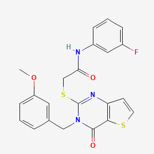 molecular formula C22H18FN3O3S2 B2938151 N-(3-氟苯基)-2-{[3-(3-甲氧基苄基)-4-氧代-3,4-二氢噻吩并[3,2-d]嘧啶-2-基]硫代}乙酰胺 CAS No. 1252928-01-0