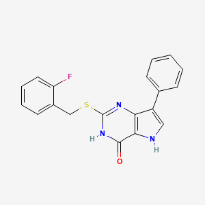 molecular formula C19H14FN3OS B2938238 2-((2-fluorobenzyl)thio)-7-phenyl-3H-pyrrolo[3,2-d]pyrimidin-4(5H)-one CAS No. 1031665-92-5