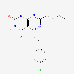 molecular formula C19H21ClN4O2S B2938251 7-Butyl-5-[(4-chlorophenyl)methylsulfanyl]-1,3-dimethylpyrimido[4,5-d]pyrimidine-2,4-dione CAS No. 893907-33-0