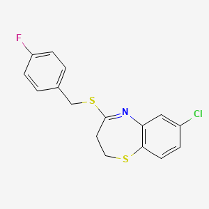 molecular formula C16H13ClFNS2 B2938313 7-Chloro-4-[(4-fluorobenzyl)sulfanyl]-2,3-dihydro-1,5-benzothiazepine CAS No. 303987-75-9