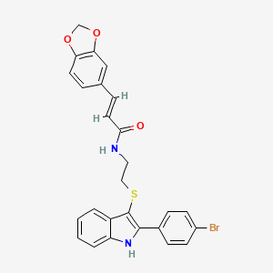 molecular formula C26H21BrN2O3S B2938367 (E)-3-(苯并[d][1,3]二氧杂环-5-基)-N-(2-((2-(4-溴苯基)-1H-吲哚-3-基)硫代)乙基)丙烯酰胺 CAS No. 1025300-49-5