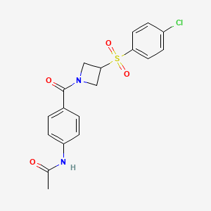 molecular formula C18H17ClN2O4S B2938393 N-(4-(3-((4-chlorophenyl)sulfonyl)azetidine-1-carbonyl)phenyl)acetamide CAS No. 1448136-62-6