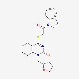 molecular formula C23H27N3O3S B2938416 4-((2-(indolin-1-yl)-2-oxoethyl)thio)-1-((tetrahydrofuran-2-yl)methyl)-5,6,7,8-tetrahydroquinazolin-2(1H)-one CAS No. 920158-43-6
