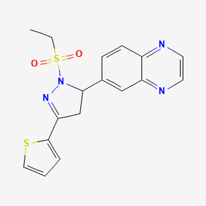 molecular formula C17H16N4O2S2 B2938427 6-(1-(ethylsulfonyl)-3-(thiophen-2-yl)-4,5-dihydro-1H-pyrazol-5-yl)quinoxaline CAS No. 1040644-89-0