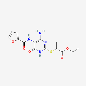 molecular formula C14H16N4O5S B2938506 Ethyl 2-((4-amino-5-(furan-2-carboxamido)-6-oxo-1,6-dihydropyrimidin-2-yl)thio)propanoate CAS No. 868226-69-1