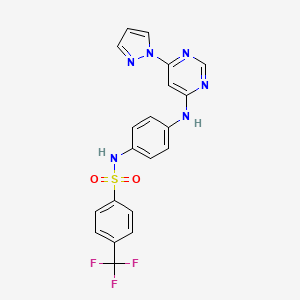 molecular formula C20H15F3N6O2S B2938546 N-(4-((6-(1H-pyrazol-1-yl)pyrimidin-4-yl)amino)phenyl)-4-(trifluoromethyl)benzenesulfonamide CAS No. 1206984-65-7