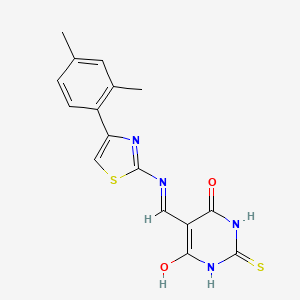 molecular formula C16H14N4O2S2 B2938573 5-(((4-(2,4-dimethylphenyl)thiazol-2-yl)amino)methylene)-2-thioxodihydropyrimidine-4,6(1H,5H)-dione CAS No. 1021229-74-2