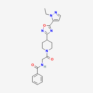 molecular formula C21H24N6O3 B2938575 N-(2-(4-(5-(1-乙基-1H-吡唑-5-基)-1,2,4-恶二唑-3-基)哌啶-1-基)-2-氧代乙基)苯甲酰胺 CAS No. 2034479-20-2