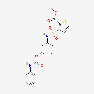 molecular formula C19H22N2O6S2 B2938594 methyl 3-(N-(3-((phenylcarbamoyl)oxy)cyclohexyl)sulfamoyl)thiophene-2-carboxylate CAS No. 1396770-35-6