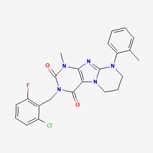 molecular formula C23H21ClFN5O2 B2938616 3-(2-chloro-6-fluorobenzyl)-1-methyl-9-(o-tolyl)-6,7,8,9-tetrahydropyrimido[2,1-f]purine-2,4(1H,3H)-dione CAS No. 877617-21-5