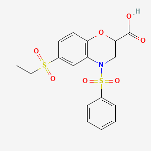 molecular formula C17H17NO7S2 B2938662 6-(乙磺酰基)-4-(苯磺酰基)-3,4-二氢-2H-1,4-苯并恶嗪-2-羧酸 CAS No. 866051-05-0