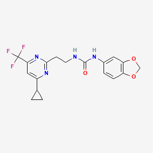 molecular formula C18H17F3N4O3 B2938669 1-(Benzo[d][1,3]dioxol-5-yl)-3-(2-(4-cyclopropyl-6-(trifluoromethyl)pyrimidin-2-yl)ethyl)urea CAS No. 1396866-77-5