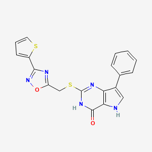 molecular formula C19H13N5O2S2 B2938701 7-phenyl-2-(((3-(thiophen-2-yl)-1,2,4-oxadiazol-5-yl)methyl)thio)-3H-pyrrolo[3,2-d]pyrimidin-4(5H)-one CAS No. 1030119-88-0