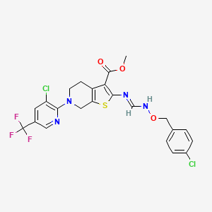 molecular formula C23H19Cl2F3N4O3S B2938736 2-[{[(4-氯苄基)氧基]亚氨基}亚甲基氨基]-6-[3-氯-5-(三氟甲基)-2-吡啶基]-4,5,6,7-四氢噻吩并[2,3-c]吡啶-3-甲酸甲酯 CAS No. 321430-40-4