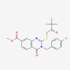 molecular formula C23H23ClN2O4S B2938780 Methyl 3-[(4-chlorophenyl)methyl]-2-(3,3-dimethyl-2-oxobutyl)sulfanyl-4-oxoquinazoline-7-carboxylate CAS No. 422273-77-6