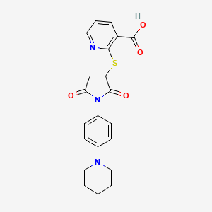 molecular formula C21H21N3O4S B2938842 2-((2,5-Dioxo-1-(4-(piperidin-1-yl)phenyl)pyrrolidin-3-yl)thio)nicotinic acid CAS No. 847241-31-0