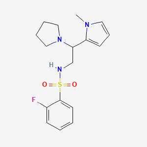 molecular formula C17H22FN3O2S B2938848 2-fluoro-N-(2-(1-methyl-1H-pyrrol-2-yl)-2-(pyrrolidin-1-yl)ethyl)benzenesulfonamide CAS No. 1049417-51-7
