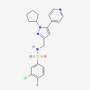 molecular formula C20H20ClFN4O2S B2938950 3-chloro-N-((1-cyclopentyl-5-(pyridin-4-yl)-1H-pyrazol-3-yl)methyl)-4-fluorobenzenesulfonamide CAS No. 1421501-61-2