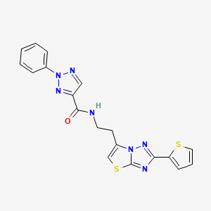 molecular formula C19H15N7OS2 B2939017 2-phenyl-N-(2-(2-(thiophen-2-yl)thiazolo[3,2-b][1,2,4]triazol-6-yl)ethyl)-2H-1,2,3-triazole-4-carboxamide CAS No. 1324124-45-9