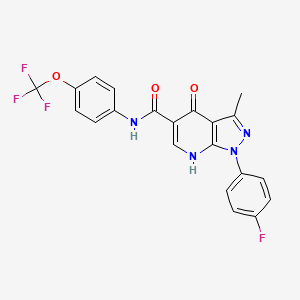 molecular formula C21H14F4N4O3 B2939022 1-(4-fluorophenyl)-3-methyl-4-oxo-N-(4-(trifluoromethoxy)phenyl)-4,7-dihydro-1H-pyrazolo[3,4-b]pyridine-5-carboxamide CAS No. 898412-60-7