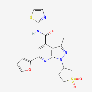 molecular formula C19H17N5O4S2 B2939025 1-(1,1-dioxidotetrahydrothiophen-3-yl)-6-(furan-2-yl)-3-methyl-N-(thiazol-2-yl)-1H-pyrazolo[3,4-b]pyridine-4-carboxamide CAS No. 1021215-78-0