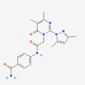molecular formula C20H22N6O3 B2939026 4-[[2-[2-(3,5-Dimethylpyrazol-1-yl)-4,5-dimethyl-6-oxopyrimidin-1-yl]acetyl]amino]benzamide CAS No. 1002428-99-0