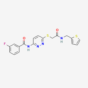 molecular formula C18H15FN4O2S2 B2939127 3-fluoro-N-(6-((2-oxo-2-((thiophen-2-ylmethyl)amino)ethyl)thio)pyridazin-3-yl)benzamide CAS No. 1021090-66-3