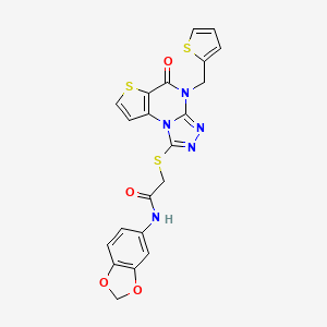 molecular formula C21H15N5O4S3 B2939143 N-(benzo[d][1,3]dioxol-5-yl)-2-((5-oxo-4-(thiophen-2-ylmethyl)-4,5-dihydrothieno[2,3-e][1,2,4]triazolo[4,3-a]pyrimidin-1-yl)thio)acetamide CAS No. 1242876-40-9