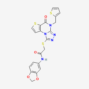 molecular formula C21H15N5O4S3 B2939143 N-(2H-1,3-benzodioxol-5-yl)-2-({7-oxo-8-[(thiophen-2-yl)methyl]-5-thia-1,8,10,11-tetraazatricyclo[7.3.0.0^{2,6}]dodeca-2(6),3,9,11-tetraen-12-yl}sulfanyl)acetamide CAS No. 1242876-40-9