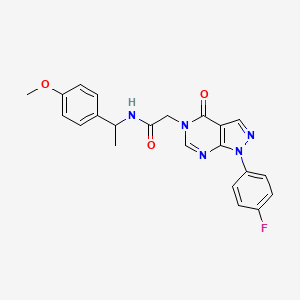 molecular formula C22H20FN5O3 B2939203 2-(1-(4-氟苯基)-4-氧代-1,4-二氢-5H-吡唑并[3,4-d]嘧啶-5-基)-N-(1-(4-甲氧基苯基)乙基)乙酰胺 CAS No. 1260945-68-3