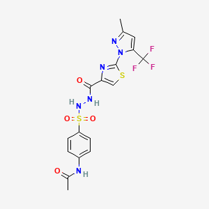 molecular formula C17H15F3N6O4S2 B2939231 N-(4-{[2-({2-[3-甲基-5-(三氟甲基)-1H-吡唑-1-基]-1,3-噻唑-4-基}羰基)肼基]磺酰}苯基)乙酰胺 CAS No. 956372-21-7