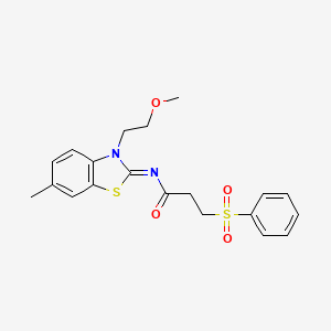 molecular formula C20H22N2O4S2 B2939303 (E)-N-(3-(2-甲氧基乙基)-6-甲基苯并[d]噻唑-2(3H)-亚甲基)-3-(苯磺酰)丙酰胺 CAS No. 1322016-26-1