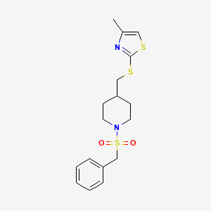 molecular formula C17H22N2O2S3 B2939322 2-(((1-(Benzylsulfonyl)piperidin-4-yl)methyl)thio)-4-methylthiazole CAS No. 1428357-46-3