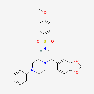 molecular formula C26H29N3O5S B2939408 N-(2-(benzo[d][1,3]dioxol-5-yl)-2-(4-phenylpiperazin-1-yl)ethyl)-4-methoxybenzenesulfonamide CAS No. 896263-14-2