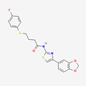molecular formula C20H17FN2O3S2 B2939426 N-(4-(苯并[d][1,3]二氧杂-5-基)噻唑-2-基)-4-((4-氟苯基)硫代)丁酰胺 CAS No. 922913-37-9