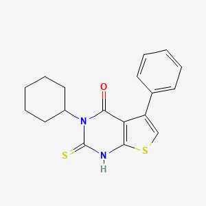 molecular formula C18H18N2OS2 B2939450 3-cyclohexyl-5-phenyl-2-sulfanyl-3H,4H-thieno[2,3-d]pyrimidin-4-one CAS No. 851852-86-3