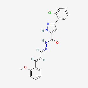 molecular formula C20H17ClN4O2 B2939493 (E)-3-(2-chlorophenyl)-N'-((E)-3-(2-methoxyphenyl)allylidene)-1H-pyrazole-5-carbohydrazide CAS No. 1285535-78-5