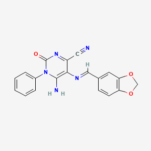 molecular formula C19H13N5O3 B2939518 6-Amino-5-(1,3-benzodioxol-5-ylmethylideneamino)-2-oxo-1-phenylpyrimidine-4-carbonitrile CAS No. 1159976-72-3