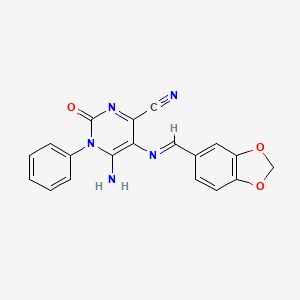 molecular formula C19H13N5O3 B2939518 6-氨基-5-(1,3-苯二氧杂环-5-基亚甲基氨基)-2-氧代-1-苯基嘧啶-4-腈 CAS No. 1159976-72-3