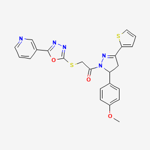 molecular formula C23H19N5O3S2 B2939537 1-(5-(4-methoxyphenyl)-3-(thiophen-2-yl)-4,5-dihydro-1H-pyrazol-1-yl)-2-((5-(pyridin-3-yl)-1,3,4-oxadiazol-2-yl)thio)ethanone CAS No. 942007-57-0