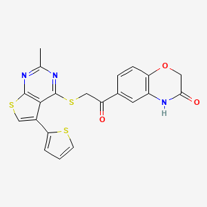 molecular formula C21H15N3O3S3 B2939621 6-(2-{[2-methyl-5-(thiophen-2-yl)thieno[2,3-d]pyrimidin-4-yl]sulfanyl}acetyl)-3,4-dihydro-2H-1,4-benzoxazin-3-one CAS No. 949967-16-2