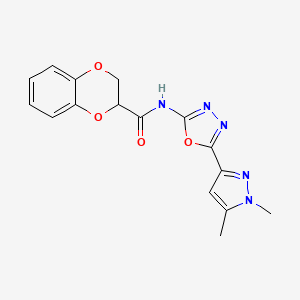 molecular formula C16H15N5O4 B2939651 N-(5-(1,5-dimethyl-1H-pyrazol-3-yl)-1,3,4-oxadiazol-2-yl)-2,3-dihydrobenzo[b][1,4]dioxine-2-carboxamide CAS No. 1019101-85-9