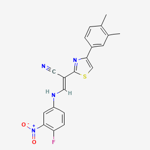 molecular formula C20H15FN4O2S B2939721 (2E)-2-[4-(3,4-dimethylphenyl)-1,3-thiazol-2-yl]-3-[(4-fluoro-3-nitrophenyl)amino]prop-2-enenitrile CAS No. 477298-49-0