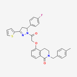 molecular formula C32H28FN3O3S B2939775 5-[2-[3-(4-Fluorophenyl)-5-thiophen-2-yl-3,4-dihydropyrazol-2-yl]-2-oxoethoxy]-2-[(4-methylphenyl)methyl]-3,4-dihydroisoquinolin-1-one CAS No. 850906-38-6