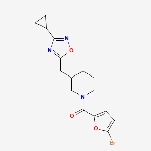 molecular formula C16H18BrN3O3 B2939857 (5-Bromofuran-2-yl)(3-((3-cyclopropyl-1,2,4-oxadiazol-5-yl)methyl)piperidin-1-yl)methanone CAS No. 1705938-32-4