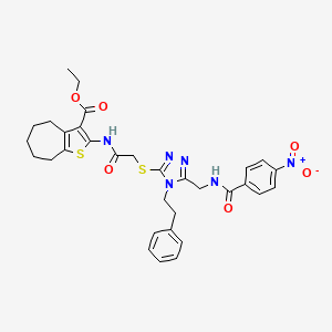 ethyl 2-(2-((5-((4-nitrobenzamido)methyl)-4-phenethyl-4H-1,2,4-triazol-3-yl)thio)acetamido)-5,6,7,8-tetrahydro-4H-cyclohepta[b]thiophene-3-carboxylate