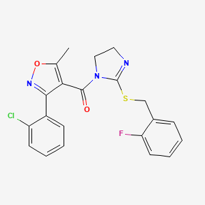 molecular formula C21H17ClFN3O2S B2939894 (3-(2-chlorophenyl)-5-methylisoxazol-4-yl)(2-((2-fluorobenzyl)thio)-4,5-dihydro-1H-imidazol-1-yl)methanone CAS No. 851807-27-7