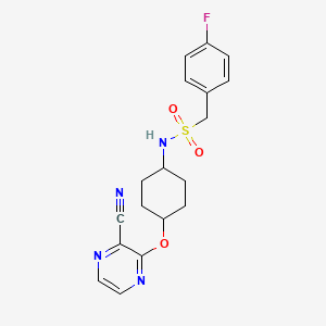 molecular formula C18H19FN4O3S B2939909 N-((1r,4r)-4-((3-cyanopyrazin-2-yl)oxy)cyclohexyl)-1-(4-fluorophenyl)methanesulfonamide CAS No. 2034247-66-8